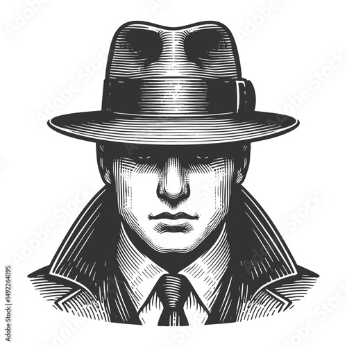 mysterious gangster in a pinstripe suit and fedora sketch engraving generative ai fictional character vector illustration. Scratch board imitation. Black and white image.