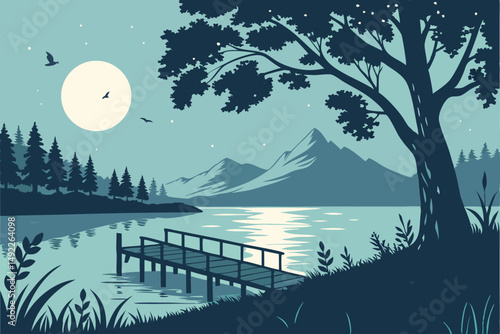 116 tranquil lake, wooden pier, mountain range, starry night sky, full moon, lush forest, serene landscape, atmospheric lighting