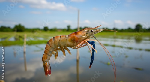 Fresh shrimp on the edge of the pond after harvest
