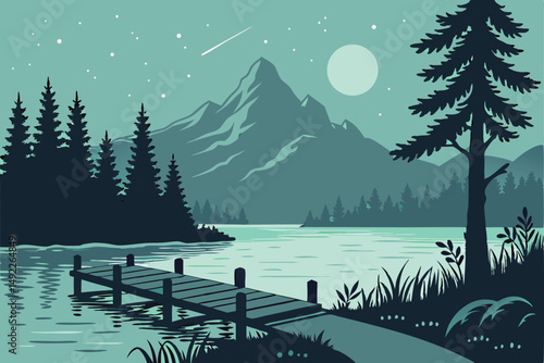116 tranquil lake, wooden pier, mountain range, starry night sky, full moon, lush forest, serene landscape, atmospheric lighting