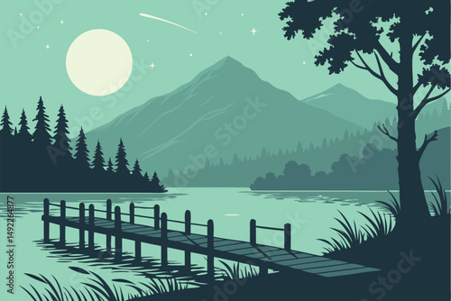 116 tranquil lake, wooden pier, mountain range, starry night sky, full moon, lush forest, serene landscape, atmospheric lighting