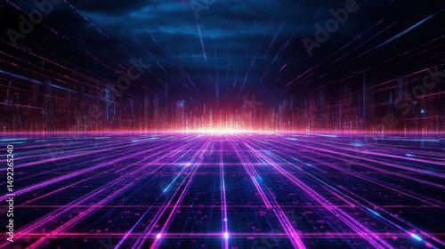 Wallpaper Mural Futuristic digital grid glowing with neon purple and blue lines extending towards a bright orange horizon under a dark sky, evoking a sense of advanced technology and limitless possibilities Torontodigital.ca