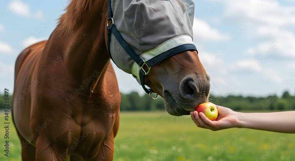 Obraz premium close up portrait of horse wearing fly protection mask eating apple on a meadow, mans hand feeding fruit to horse outdoors, subject on right side with copy space on the left