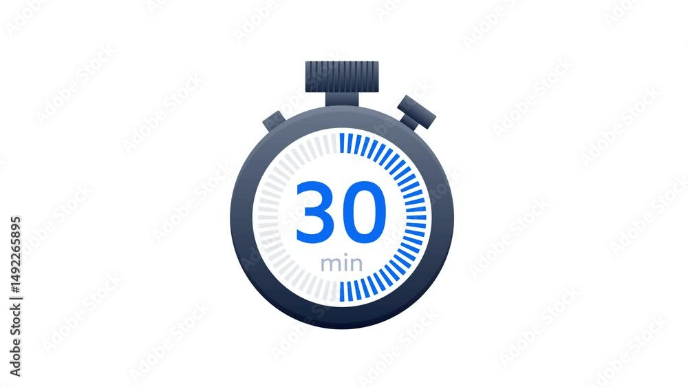 Stopwatch with 30 minutes on white and chroma key background