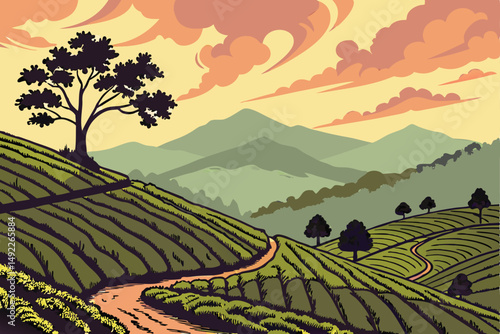 117 scenic landscape, rolling hills, tea plantation, colorful sky, dramatic clouds, mountains in distance, lush green foliage, winding path, majestic sunset, idyllic countryside, serene atmosphere, na