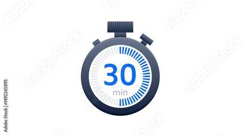Stopwatch with 30 minutes on white and chroma key background