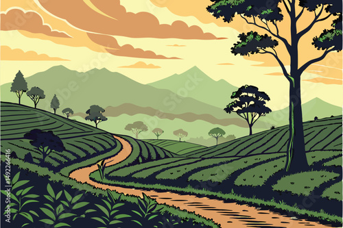 117 scenic landscape, rolling hills, tea plantation, colorful sky, dramatic clouds, mountains in distance, lush green foliage, winding path, majestic sunset, idyllic countryside, serene atmosphere, na