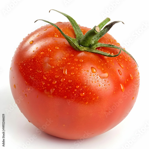 A tomato is isolated on a white background, showcasing its vibrant red color, smooth skin, and plump shape, symbolizing freshness