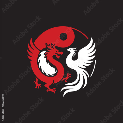  Red Dragon and White Phoenix Yin Yang Symbol