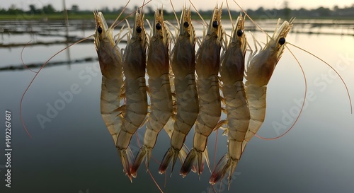 Fresh shrimp on the edge of the pond after harvest