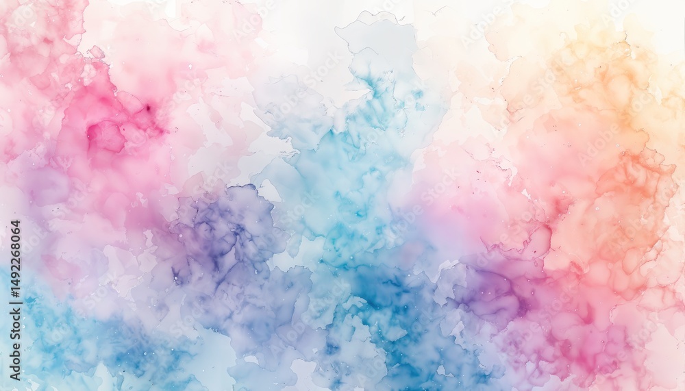 Fototapeta premium a vibrant and ethereal watercolor wash blends shades of pink, purple, turquoise, and yellow across a white background creating a dreamy and abstract composition.