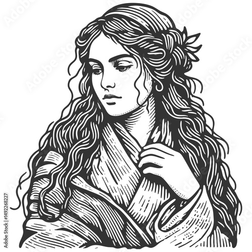 Italian woman in traditional clothing, with a headscarf and delicate expression, evoking timeless beauty sketch engraving generative ai vector illustration. Scratch board. Black and white image.