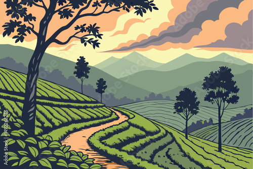 117 scenic landscape, rolling hills, tea plantation, colorful sky, dramatic clouds, mountains in distance, lush green foliage, winding path, majestic sunset, idyllic countryside, serene atmosphere, na