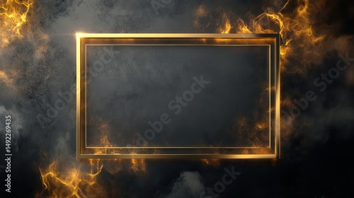 Elegant gold frame on dark wall with swirling golden energy background