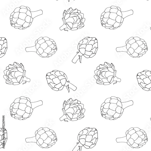 Seamless black and white pattern featuring hand-drawn artichokes in a doodle style. Ideal for kitchen decor, packaging, textile design, and healthy food-themed projects.