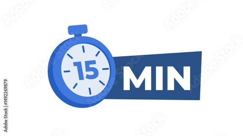 15 minutes blue stopwatch timer animation on white and green screen
