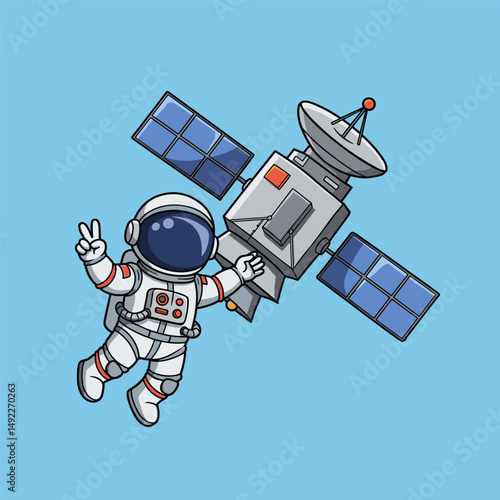  Cartoon-style moon traveler with exaggerated facial features and yellow visor, playing with a toy satellite.