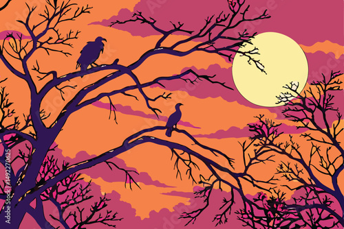 119 dramatic sunset sky, silhouette of bare tree branches, birds perched on branches, full moon, dramatic lighting, photographic, ultra high definition