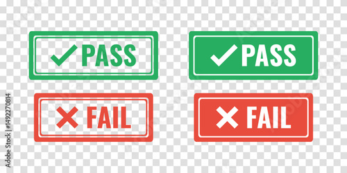 green pass red fail rectangle rubber stamp, outline solid vector icon on transparent background