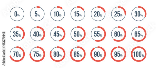 red circle percentage diagrams set, started 0 finished 100, increase 5, infographic elements collection, user interface vector illustration, pie chart dashboard symbols isolated on white background
