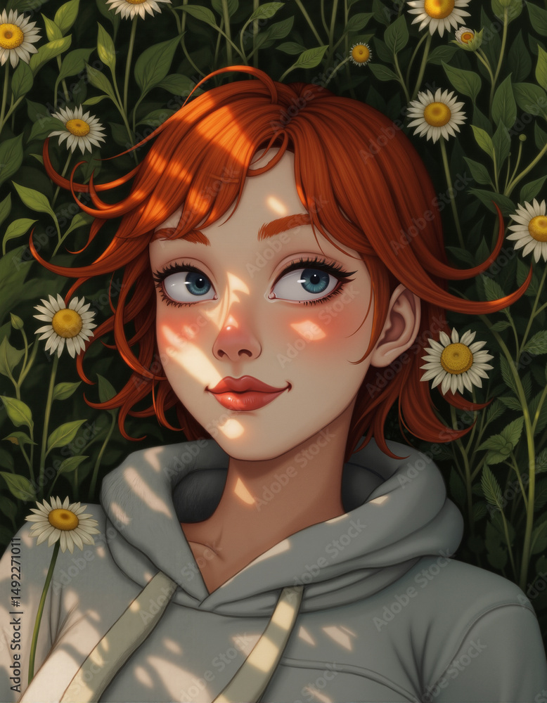 Fototapeta premium A portrait of a young woman lying in a meadow surrounded by flowers.