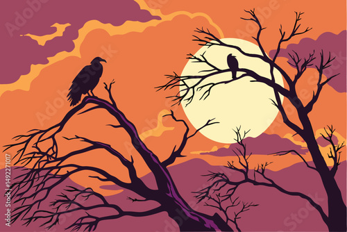 119 dramatic sunset sky, silhouette of bare tree branches, birds perched on branches, full moon, dramatic lighting, photographic, ultra high definition