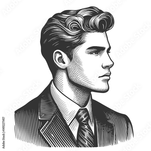 confident young businessman in a suit, featuring stylish hair and a serious expression sketch engraving generative ai fictional character vector illustration. Scratch board. Black and white image.