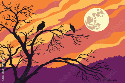 119 dramatic sunset sky, silhouette of bare tree branches, birds perched on branches, full moon, dramatic lighting, photographic, ultra high definition