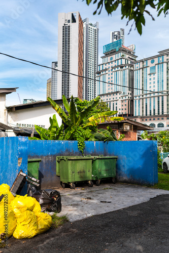 Trash zone and banana plant near highrise backdrop, Kuala Lumpur, Malaysia