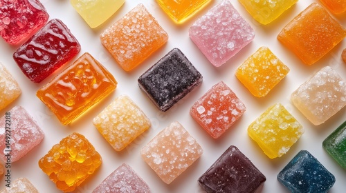 Colorful assorted gelatin cubes arranged in a delicate pattern