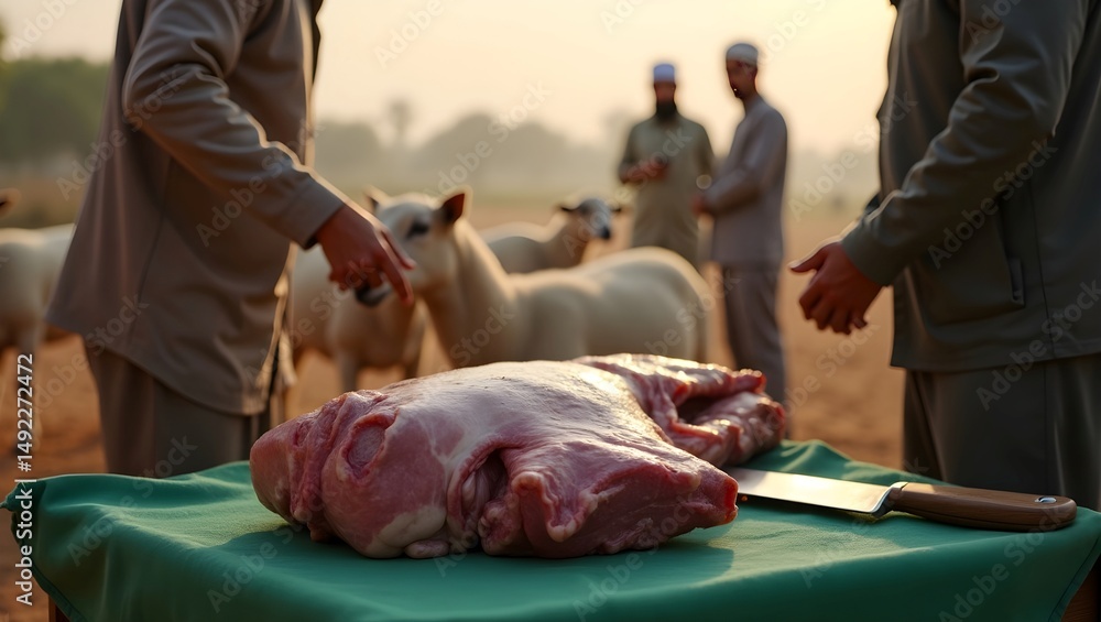 Fototapeta premium lamb chops on a grill, butcher cutting meat, people sacrifice the lamb at eid-ul-azha to fulfill the sauna, bakra eid 
