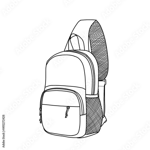 Sling bag crossbody backpack for men and women, one strap backpack for hiking daypack chest bag adjustable padded strap and breathable back pad vector icon line art. 