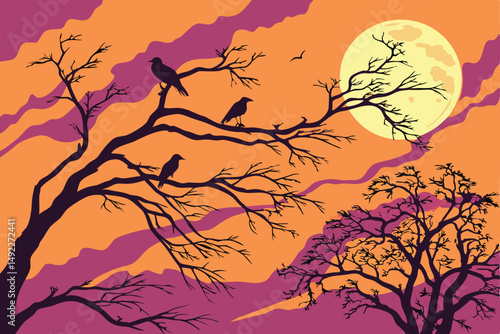 119 dramatic sunset sky, silhouette of bare tree branches, birds perched on branches, full moon, dramatic lighting, photographic, ultra high definition