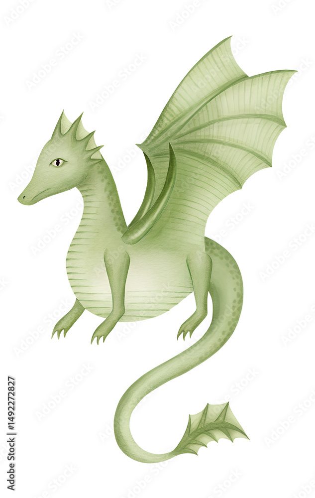 Fototapeta premium Watercolor illustration of a light green dragon on a transparent background.
