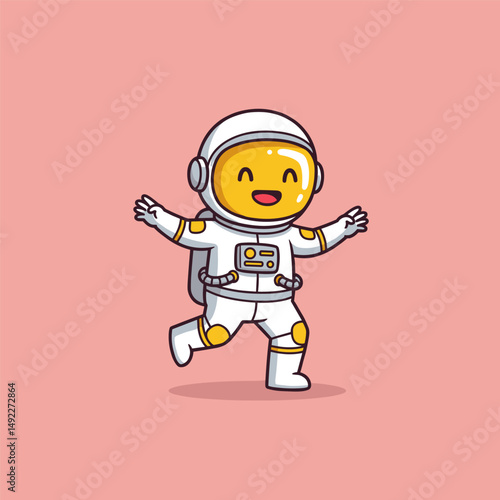 Vector cartoon of a seated astronaut exploring a toy-like satellite while resting on the surface of the moon.
