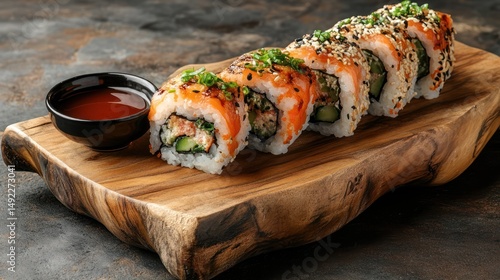 Delicious sushi roll assortment on wood board, soy sauce, dark background, restaurant menu