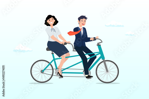 Business people employees on tandem bicycle forward metaphor of teamwork, teamwork working together for success, togetherness or cooperation, collaboration or support other to win together concept