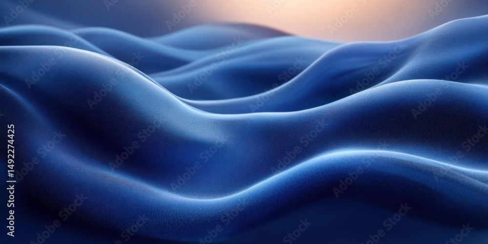 Obraz premium Smooth flowing blue fabric with soft curves and gentle highlights creating an abstract and calming wave-like pattern under warm lighting