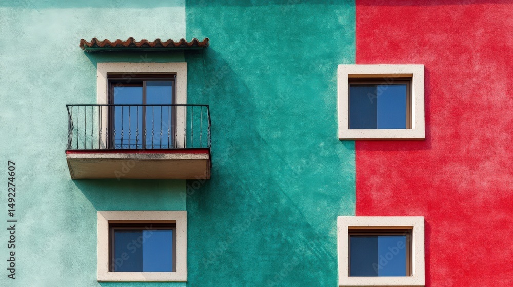 Fototapeta premium Vibrant architectural facade with colorful wall design and windows