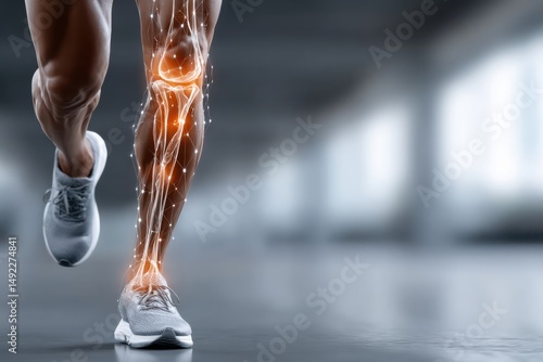 Dynamic athlete running indoors showcasing the human leg anatomy with highlighted muscles and joints for fitness and sports science
