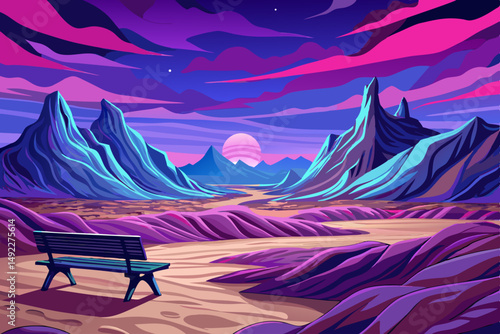 View of Pink and Orange Sunset Over Barren Landscape with lone Bench 