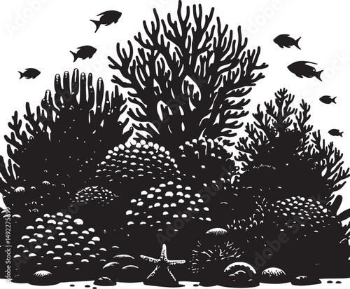 A monochrome illustration of coral reef with fish and a starfish on a white background