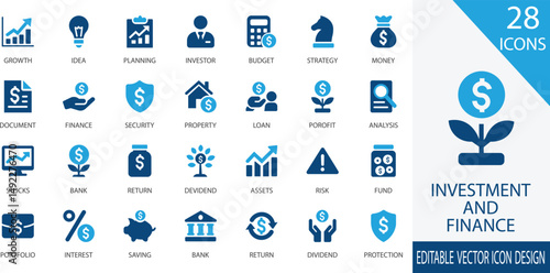 A clean and modern black vector icon set representing key investment and finance concepts including growth, planning, investor, budget, profit, risk, saving, passive income, portfolio, and more. 