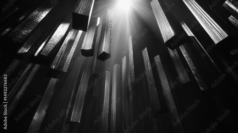 Obraz premium A massive pile of silver bars features reflective surfaces that capture light rays, showcasing a stunning symbol of wealth