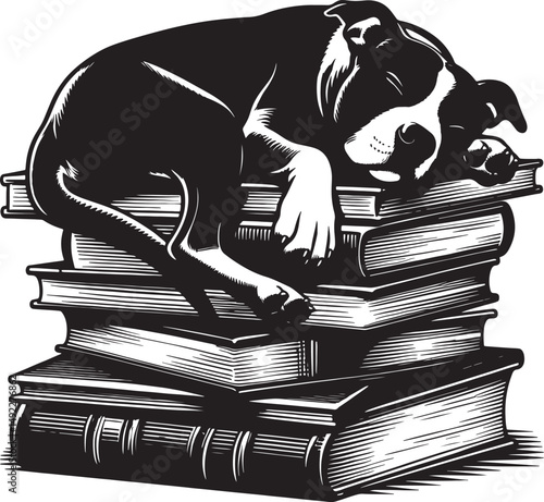 Black and white drawing of a dog sleeping peacefully on a stack of books in a pile