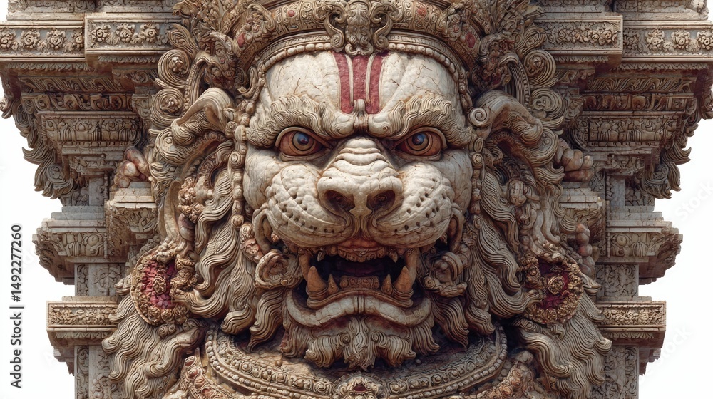 Fototapeta premium Lord narasimha's ferocious emergence from pillar in captivating architectural setting