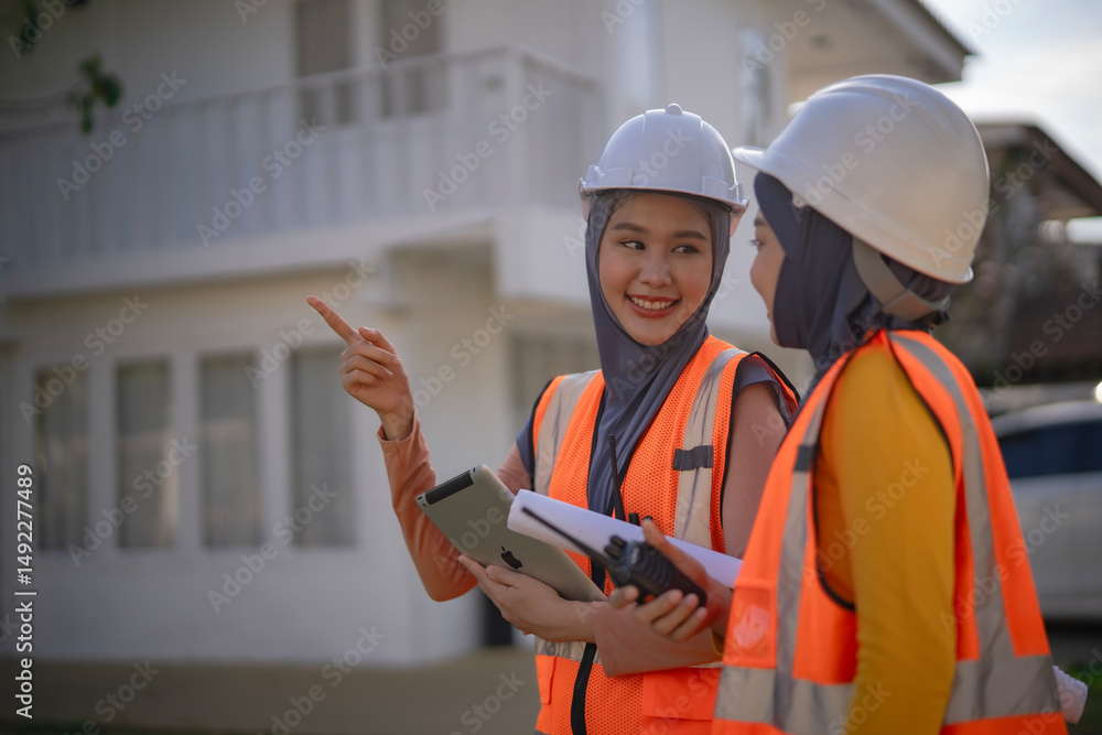 Female Muslim engineers review housing plans together. Wearing hard hats and vests, they represent modern roles in architecture, teamwork, and technical communication on site. Female Muslim engineers review housing plans together. Wearing hard hats and vests, they represent modern roles in architecture, teamwork, and technical communication on site.