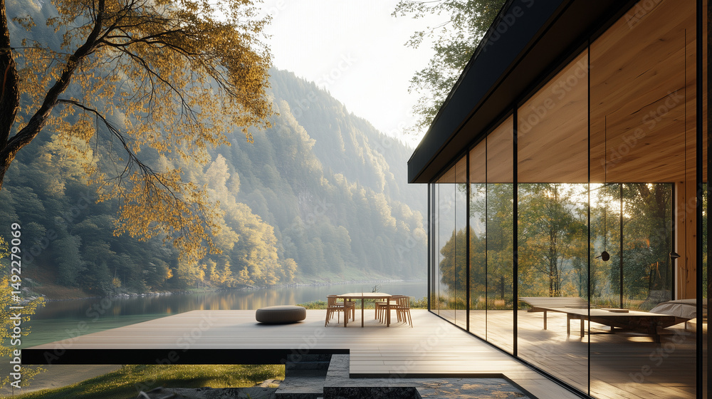 Minimalistic alpine chalet with floor-to-ceiling windows, offering panoramic views of a river and pine forest during autumn. Minimalistic alpine chalet with floor-to-ceiling windows, offering panoramic views of a river and pine forest during autumn.