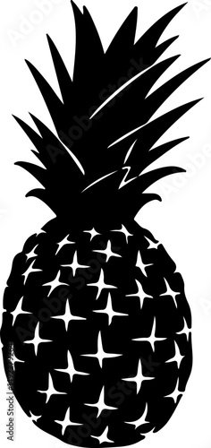 The image presents a bold black silhouette of a pineapple, showcasing its textured, oval body marked with cross patterns and topped with a spiky crown of elongated leaves radiating upwards.