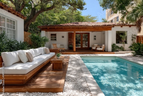 Stunning backyard oasis featuring a pool  outdoor seating area  and lush greenery in a serene residential setting